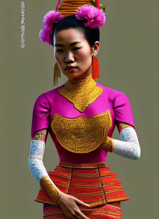 Image similar to photo of a gorgeous lao woman wearing a traditional laos dress in the style of stefan kostic, realistic, sharp focus, 8 k high definition, insanely detailed, intricate, elegant, art by stanley lau and artgerm