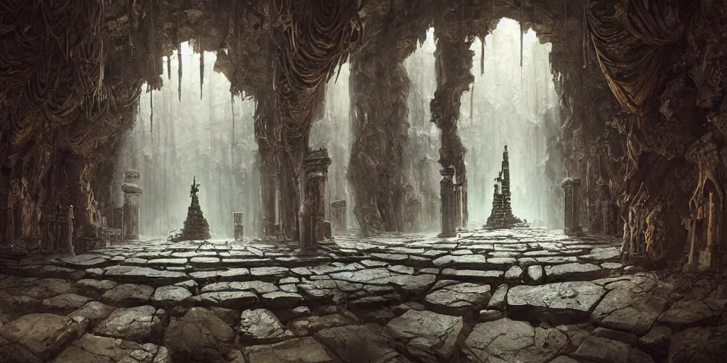 Prompt: deathtrap dungeon, by joe dever, lone wolf, stalactones, drapes, temple, pillars, altar, traps, from inside a temple, temple run, painted by greg rutkowski