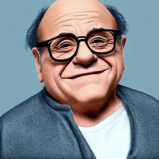 Image similar to digital art of portrait of danny devito, excited facial expression, head - and - shoulders shot, white background, cute pixar character, houdini 3 d render