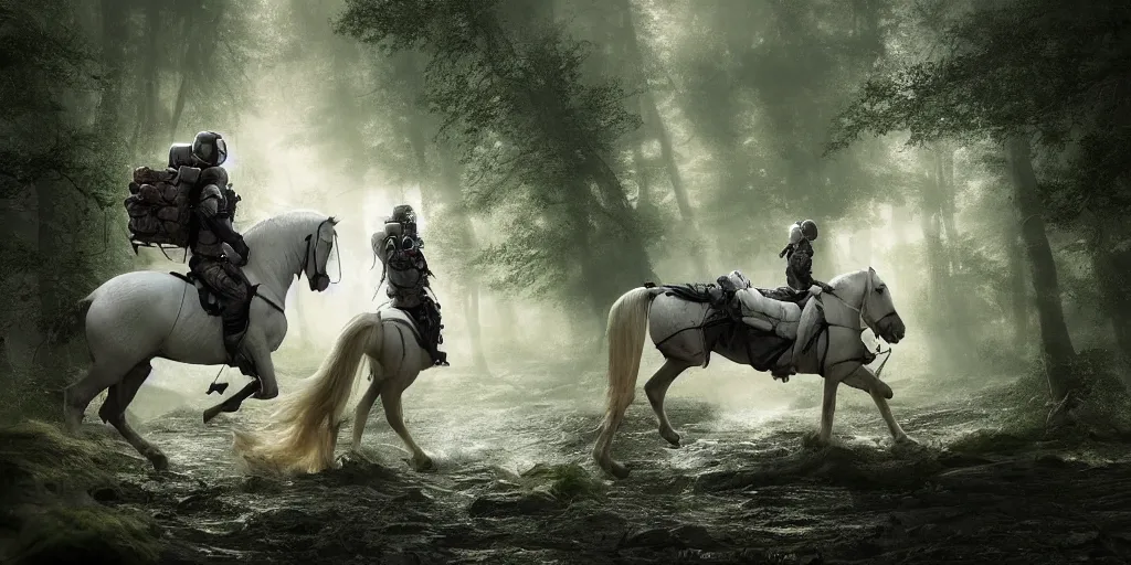 Prompt: an astronaut riding on the back of a white horse through a forest, crossing a river, a detailed matte painting by frieke janssens, featured on cgsociety, fantasy art, matte painting, reimagined by industrial light and magic, matte drawing