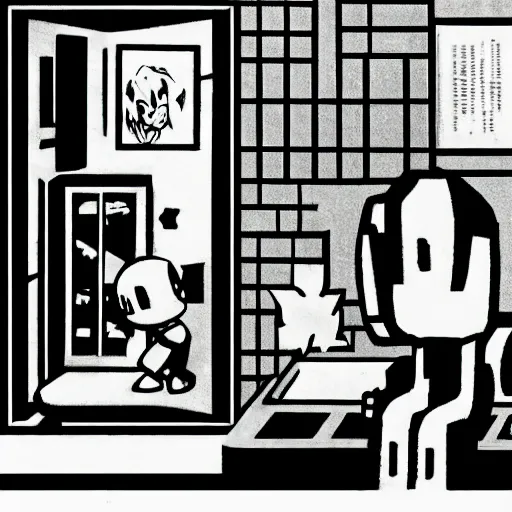 Image similar to mega - man alone at night in a shabby apartment in 1 9 5 0 s new york looking at a newspaper about a serial killer, black and white, intricate, foreboding real