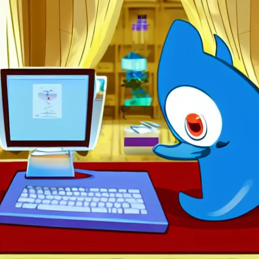 Prompt: An anthropomorphic dolphin dressed as a chemist, playing games on a computer