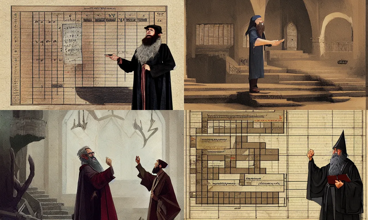 Prompt: A bearded wizard points at a linguistics chart in front of a lecture hall, by Greg Rutkowski