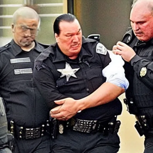 Prompt: sad steven seagal being taken into custody, realistic, detailed