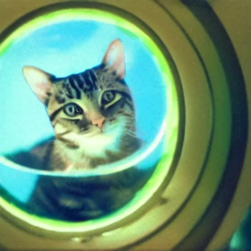 Image similar to a cat peeks out of a circular bubble window, 1 9 9 0 s anime, soft glow, studio ghibli, grainy