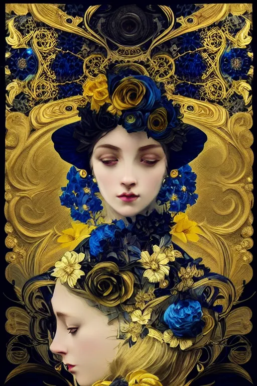 Prompt: beautiful black blue yellow, complicated gold and blue flowers in baroque style headwears, dark fantasy, intricate, elegant, highly detailed, digital painting, artstation, concept art, matte, 3 d 8 k octane rendered, sharp focus, illustration, octane rendered, art by artgerm and alphonse mucha, leesha hannigan