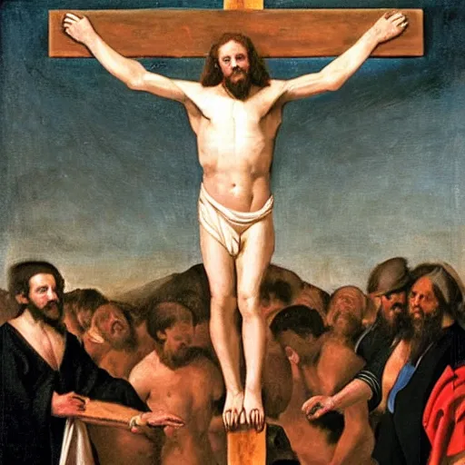 Image similar to donald trump crucified in the style of christ crucified diego velazquez, a painting of donald trump being crucified