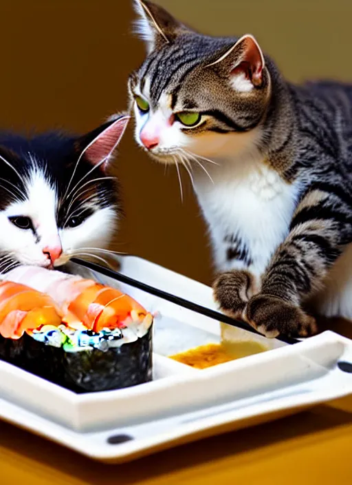 Image similar to clear photograph of cute cats stealing sushi from sushi plates