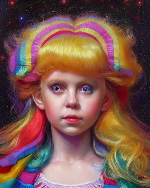 Image similar to 1 9 8 0 s doll rainbow brite portrait | highly detailed | very intricate | symmetrical | whimsical and magical | soft cinematic lighting | award - winning | closeup portrait | painted by donato giancola and mandy jurgens and charlie bowater | pastel color palette | featured on artstation