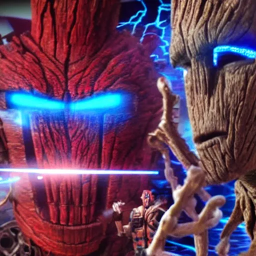 Image similar to groot and optimus prime in techno party among people dancing, wide shoot, after effect ultra realistic 3 d