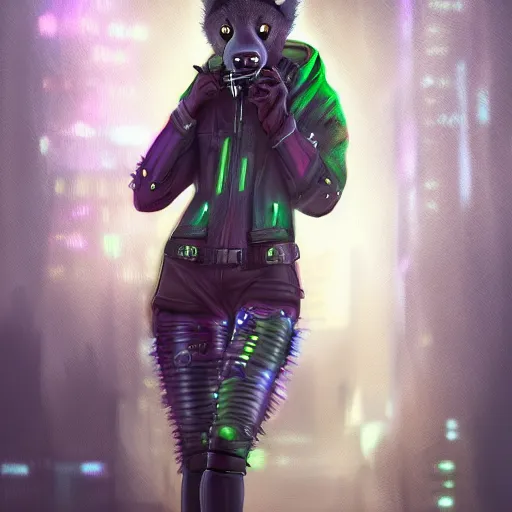 Image similar to digital painting of anthromorphic hyena female smoking cigarrete, fursona, furry fandom, furaffinity, neon rainy cyberpunk setting, anthro, wearing cyberpunk leather jacket, detailed face, blade runner, zootopia style,