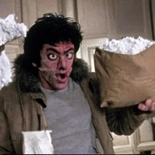 Image similar to film still of a funny looking werewolf with his hand extended, looking at a bag of flour, in an american werewolf in london