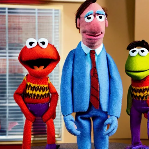 Image similar to Bob Odenkirk as Saul Goodman realistic Muppet puppet, wide lens, diorama, 4k,