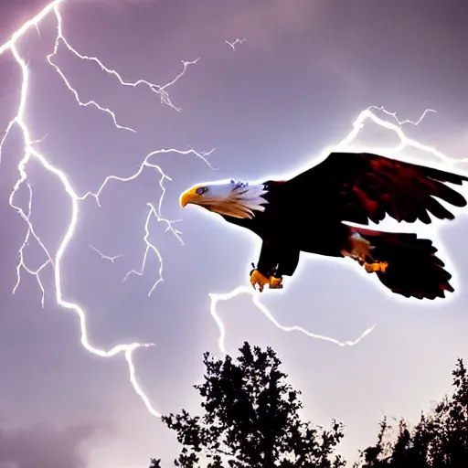 Prompt: Eagle flying in the sky with lightning trailing it