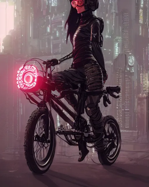 Prompt: girl wearing cyberpunk intricate streetwear riding bike, respirator, detailed portrait, cell shaded, 4 k, concept art, by wlop, ilya kuvshinov, artgerm, krenz cushart, greg rutkowski, pixiv. cinematic dramatic atmosphere, sharp focus, volumetric lighting, cinematic lighting, studio quality