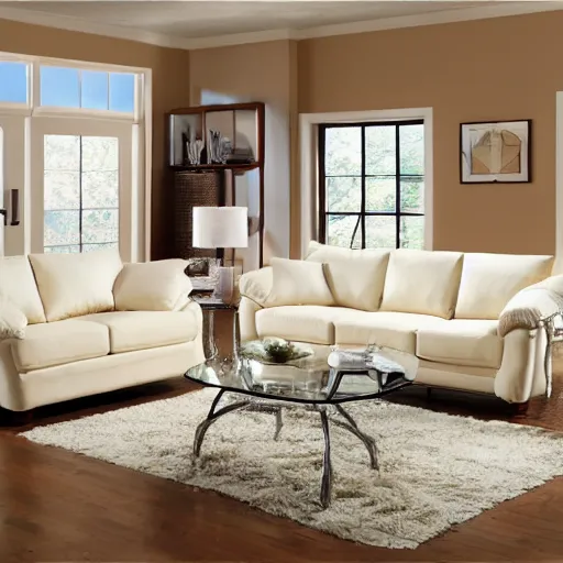 Prompt: creme colored living room set, furniture magazine, promotional photo