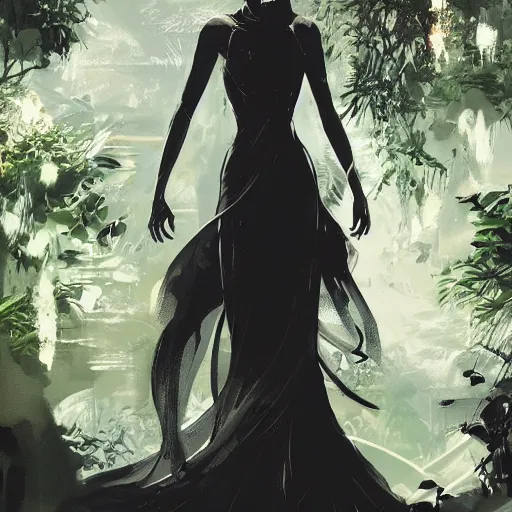 Prompt: a woman in a black dress standing in an elegant greenhouse garden, dramatic lighting, illustration by greg rutkowski, yoji shinkawa, 4 k, digital art, concept art, trending on artstation