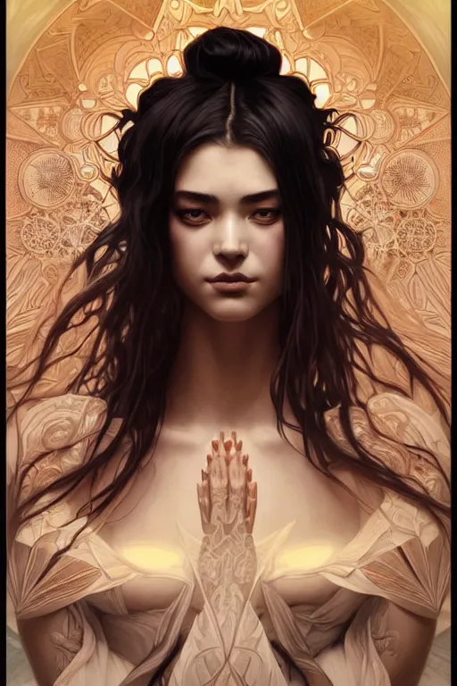 Image similar to symmetry!! intense fanart of 4 / 4 full front pose of a young sensual chaos goddess, protagonist, intricate, elegant, highly detailed, my rendition, digital painting, artstation, concept art, perfect, smooth, sharp focus, illustration, art by artgerm, kilian eng, greg rutkowski and alphonse mucha