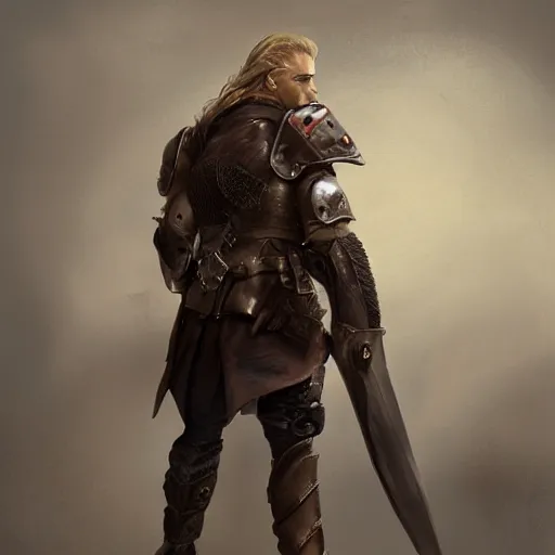 Image similar to rear side portrait of a muscular, ponytail haired blonde man with a armored left arm, wearing a brown leather coat, one side of the body scarred, looking to right, DnD, fantasy, digital art by Ruan Jia