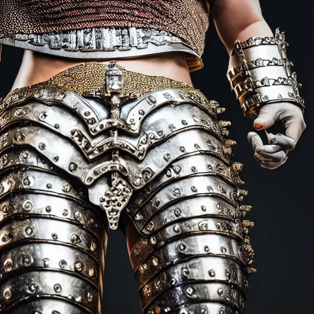 Image similar to full body photo of a beautiful cute strong warrior queen wearing diamond encrusted armour, highly detailed, 8 k, hdr, smooth, sharp focus, high resolution, award - winning photo