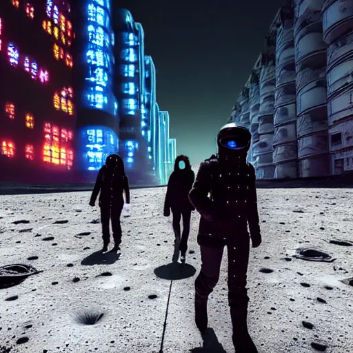 Image similar to photo of citizens that walk past plasma vehicles, on the Moon, long shadows, in a Russian cyberpunk city called Neo Norilsk on the Moon, pitch black sky with stunning bright stars, bright sun, diverse outfits, lively, freaky, black sky full of stars, blinding bright sun, sci-fi, lots of flying cars, levitation, cyberpunk outfits, photorealistic, grainy, 35mm, intricate, very very beautiful, elegant, smooth, cinematic, Unreal Engine 5, by Beeple, trending on Artstation HD