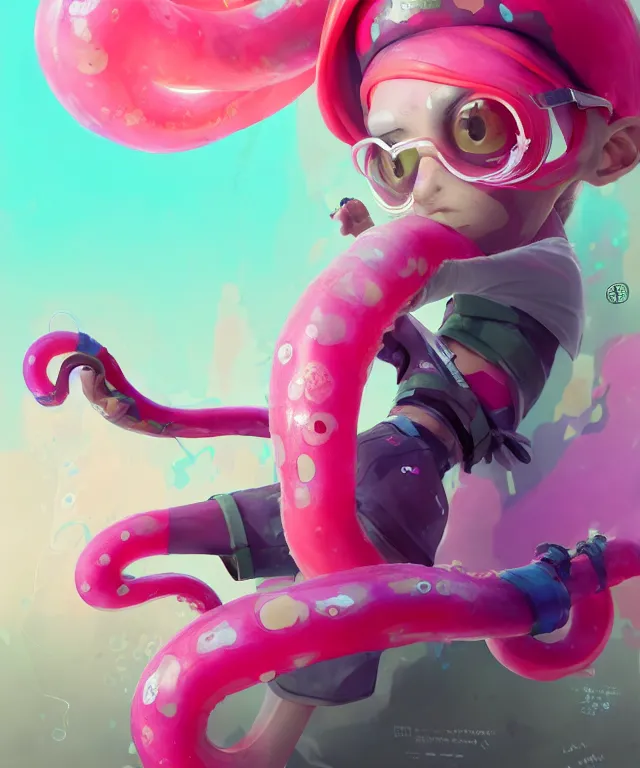 Image similar to a beautiful fullbody portrait of a cute splatoon male inkling with pink tentacle hair wearing tshirt leggings under sport shorts. character design by cory loftis, fenghua zhong, ryohei hase, ismail inceoglu and ruan jia. artstation, volumetric light, detailed, photorealistic, fantasy, rendered in octane