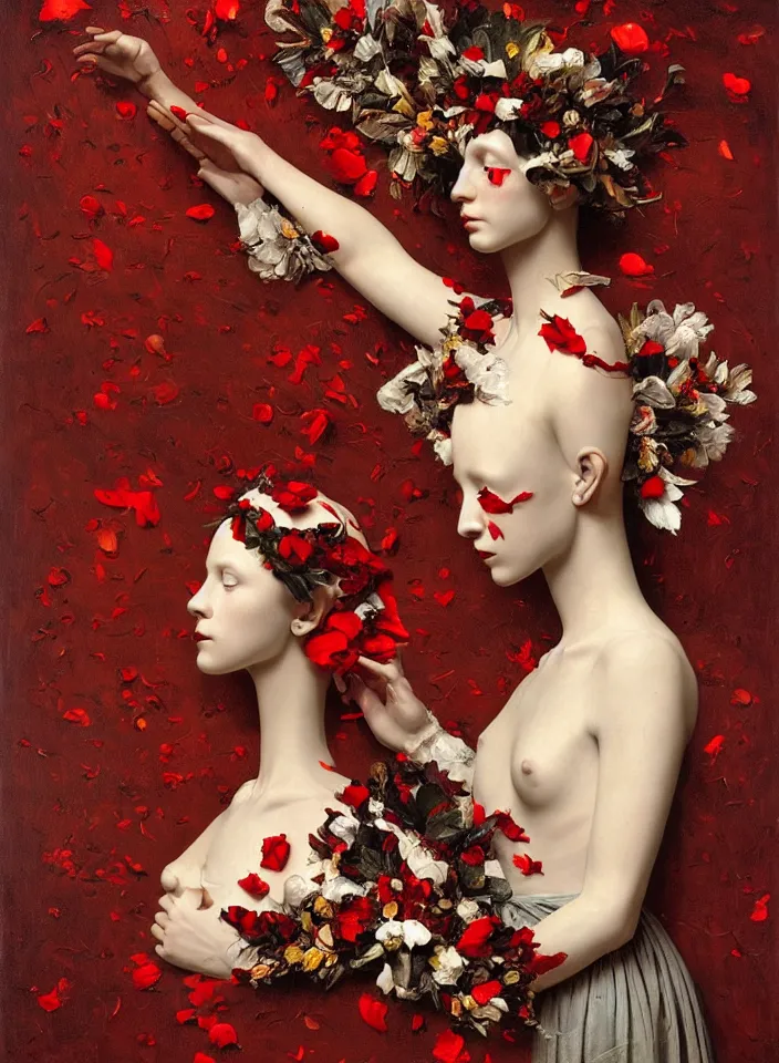 Prompt: flying birds, a mannequin with wreath of flowers on head, dressed in dress made of red liquid wax, bones, rose petals, flying birds, dark classic interior, full-length, wide angle, epic, oil painting in a renaissance style , very detailed, red background, painted by Caravaggio, Greg rutkowski, Sachin Teng, Thomas Kindkade, Alphonse Mucha, Norman Rockwell, Tom Bagshaw.