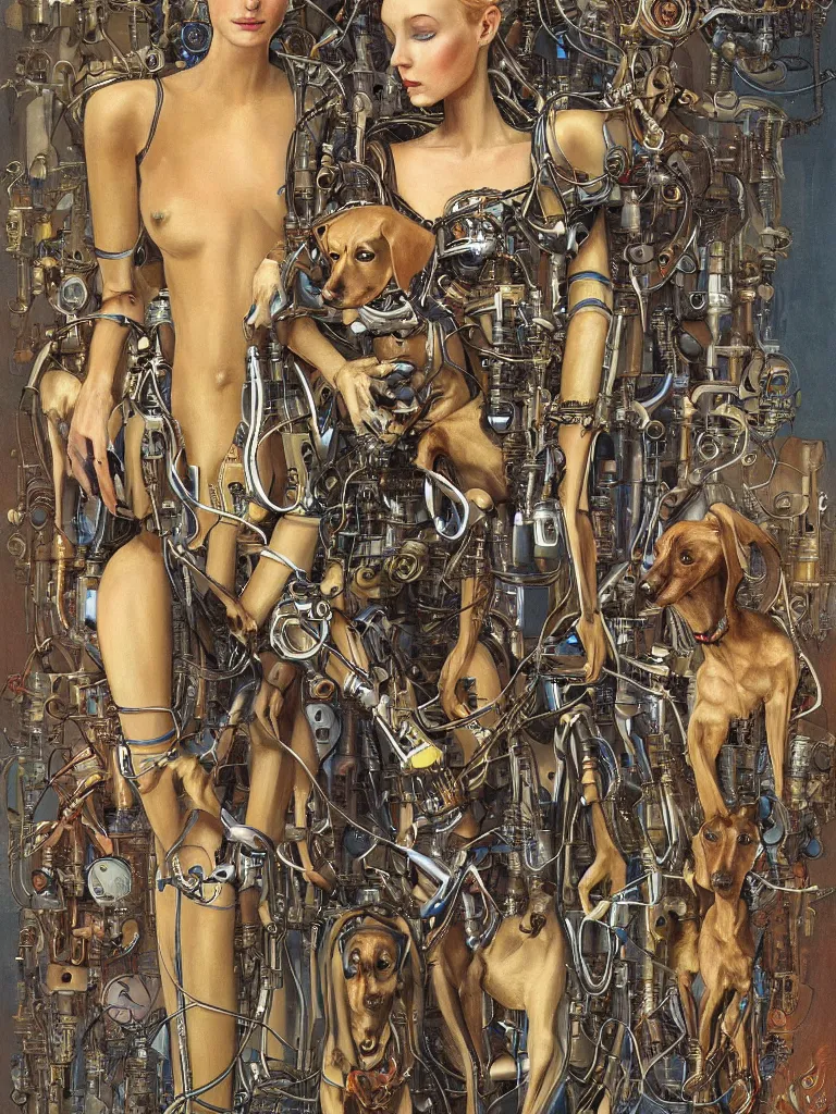 Prompt: portrait of a beautiful female android robot holding a whippet dog in her arms. Biopunk, steampunk, mecha, sighthounds, painting by James C. Christensen