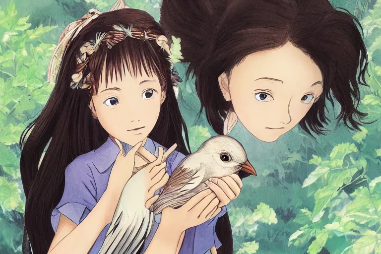 Image similar to young pretty girl holding a bird in her hands, looking touched, Fragile looking character portrait , beautiful scene; highly detailed art, by Studio Ghibli , High contrast, anime art