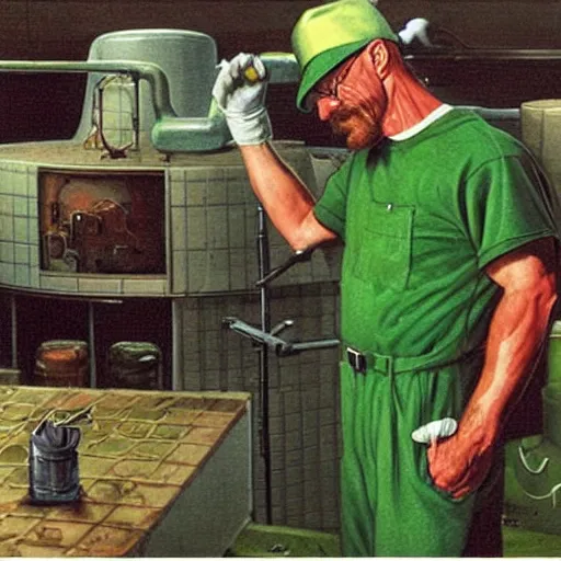 Image similar to Walter White and Luigi in chemical factory, artwork by Earl Norem,
