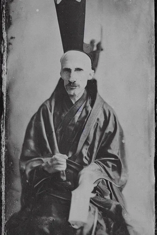 Image similar to a wet plate photo of a ferret priest, wearing a crown, wearing a robe