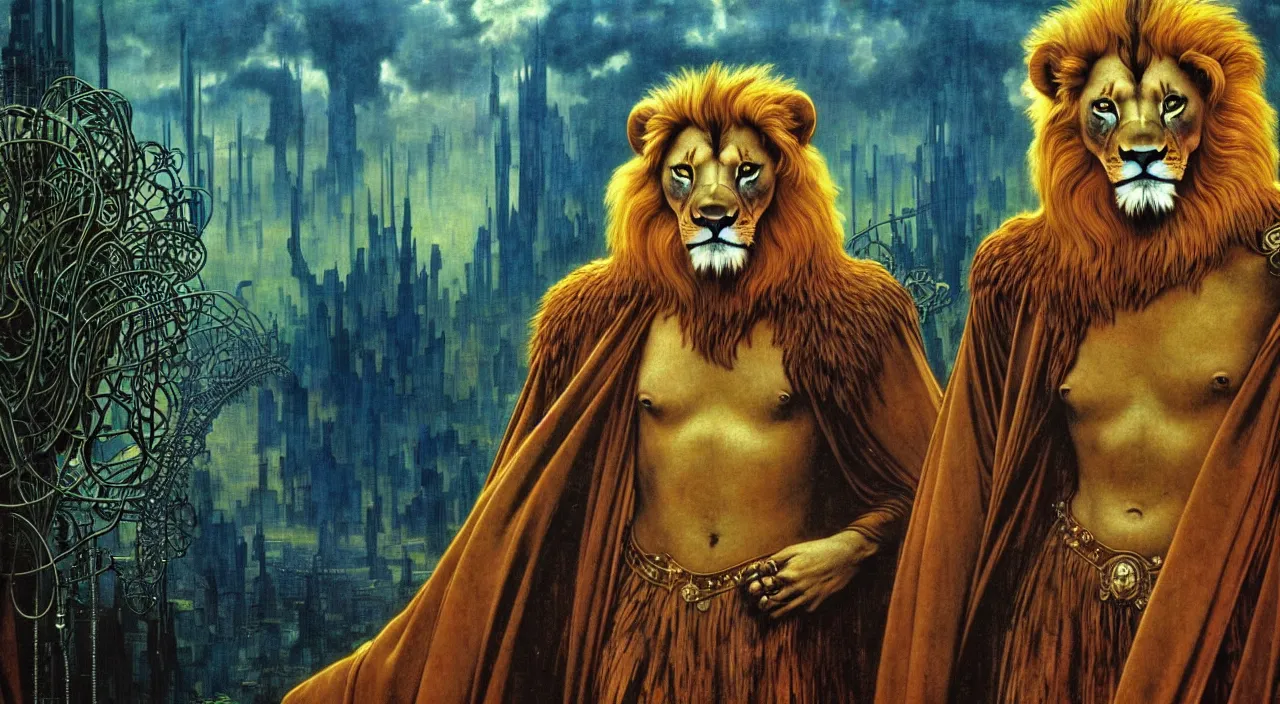 Image similar to realistic detailed portrait movie shot of a lionman wearing dark robes, sci fi city landscape background by denis villeneuve, amano, yves tanguy, alphonse mucha, ernst haeckel, max ernst, roger dean, masterpiece, rich moody colours, blue eyes, occult