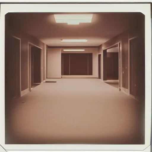 Image similar to a Polaroid photo of an ominous endless space of empty connecting rooms with vanilla colored wallpaper and brown carpet, no windows