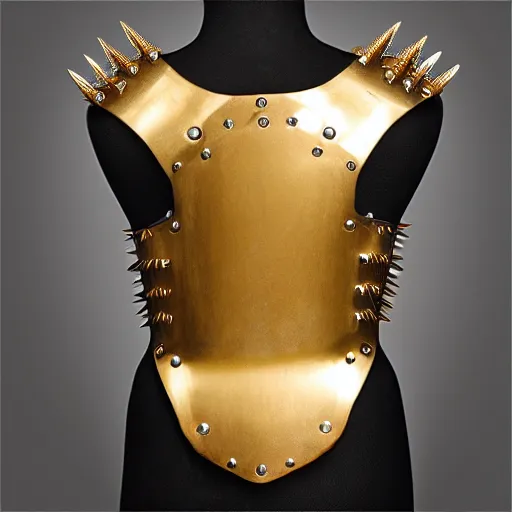 Image similar to female functional practical body armor steel gold medieval draconic spikes shiny realistic photo 4k