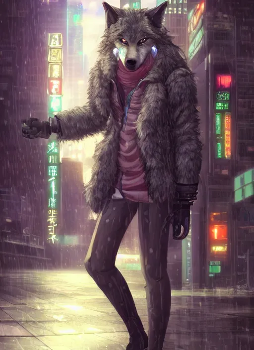 Image similar to character portrait of a male anthro wolf fursona with a tail and a cute beautiful attractive detailed furry face wearing stylish cyberpunk clothes in a cyberpunk city at night while it rains. hidari, color page, tankoban, 4K, tone mapping, Akihiko Yoshida.