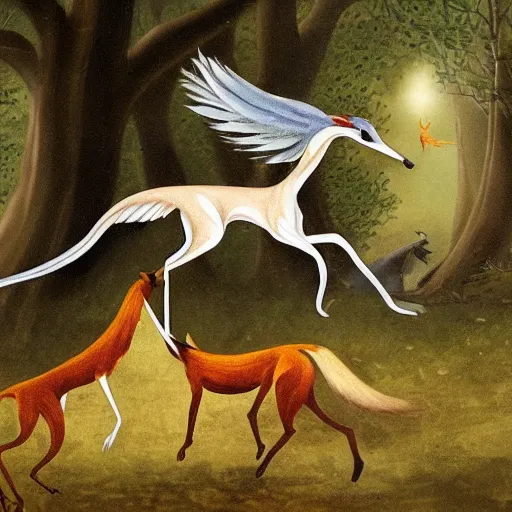 Image similar to a mexican greyhound flaps its wings dramatically as a crafty fox jumps out from behind a tree to take it down, fantasy art