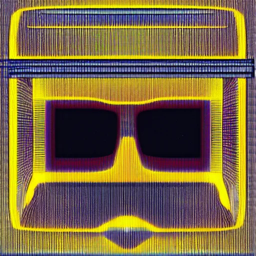 Prompt: cyber - polaroid of a featureless robotic face with square glasses, soft emotion, cybernetic, ethereal curtain, starburst, chrome vortex, vibrant scattered light, reflective glass, lcd screen, 1 9 8 0 s, computer - generated, dreamy atmosphere