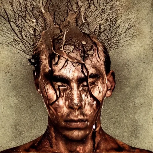 Prompt: The performance art shows a man caught in a storm, buffeted by wind and rain. He clings to a tree for support, but the tree is bent nearly double by the force of the storm. The man's clothing is soaked through and his hair is plastered to his head. His face is contorted with fear and effort. burnt sienna by Adonna Khare, by Syd Mead turbulent