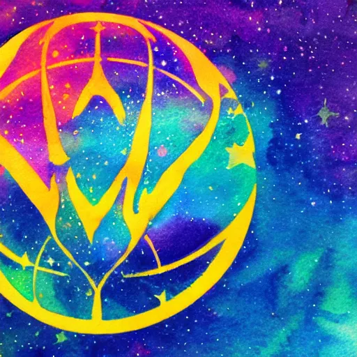 Prompt: a cosmic tomorrowland logo, watercolor and black ink