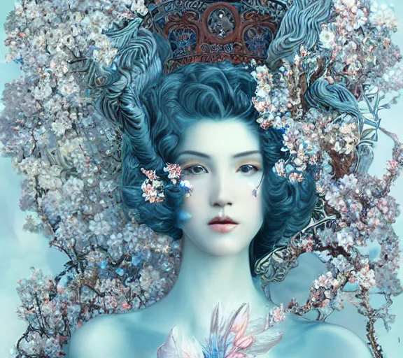 Prompt: breathtaking detailed concept art painting art deco pattern a beautiful wavy brown haired man!!!!!!! with pale skin and a crown on his head sitted on an intricate metal throne light - blue flowers with kind piercing eyes and blend of flowers and birds, by hsiao - ron cheng, bizarre compositions, exquisite detail