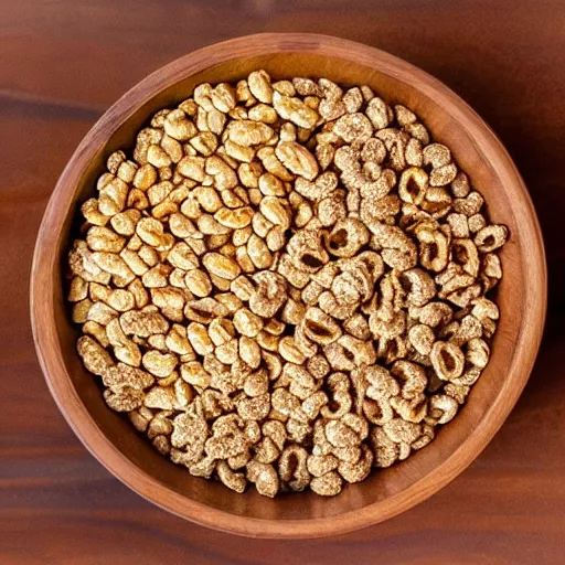 Prompt: a hyper - realistic photo of a wooden bowl filled with cereal, each grain of cereal is brown and shaped like a banana