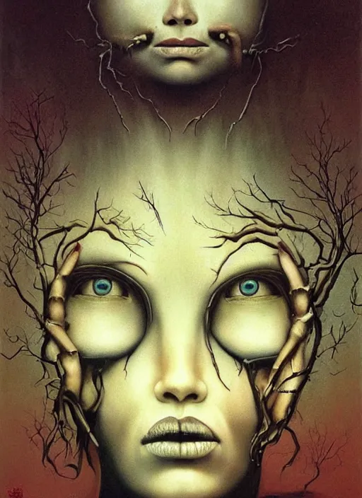 Image similar to dramatic portrait painting of woman with large crying eyes with black mandelbrot fractal instead of face, in style of zdzisław beksinski, horror, body horror,