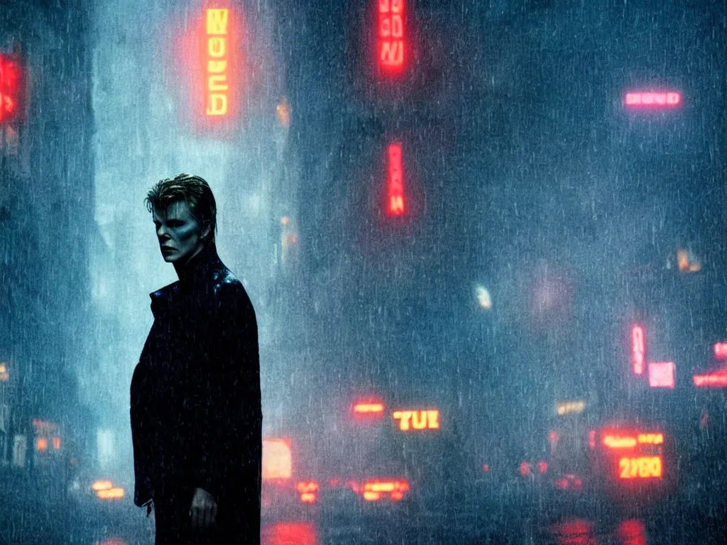 Prompt: David Bowie, close-up, film still from Blade Runner 2049, beautiful lighting, raining, neon lights, cinematic, depth, ultra-sharp details