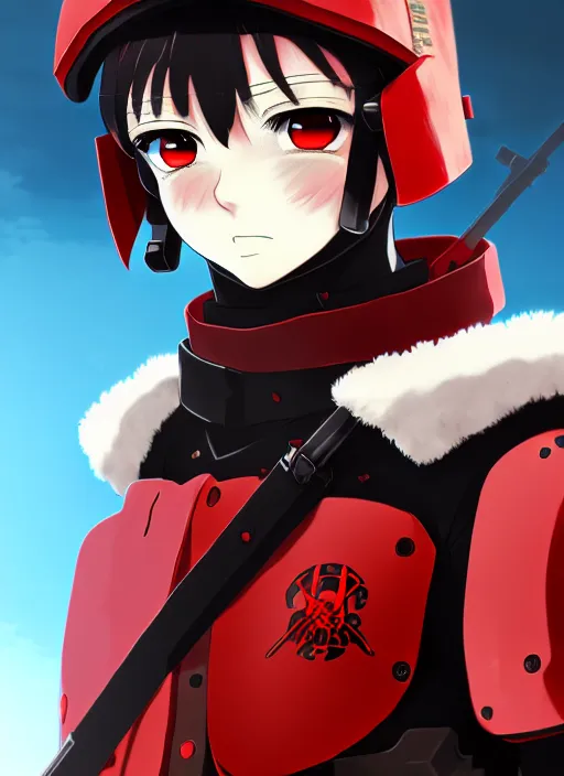 Image similar to anime portrait of a vicious helldiver scout soldier, red armor with white accents, closeup on face, ilya kuvshinov, anime, pixiv top monthly, trending on artstation, cinematic, danbooru, zerochan art, kyoto animation