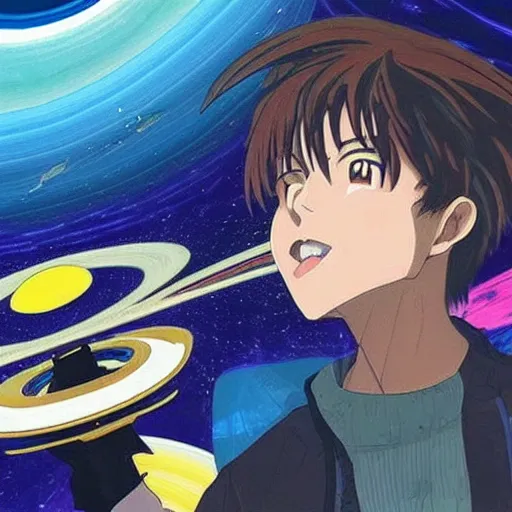 Image similar to anime of jacob collier on space touching saturn rings in space darkness