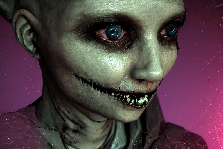 Image similar to creepy ugly witch portrait stuck in the matrix, glitchy, buggy, playstation 1 graphics, low poly 3 d render, creepypasta, volumetric lighting, dramatic, octane render, scary, horrific, award - winning, detailed, weird, close - up, featured on artstation, strange, off - putting, demonic, odd, atmospheric, ambient, spooky