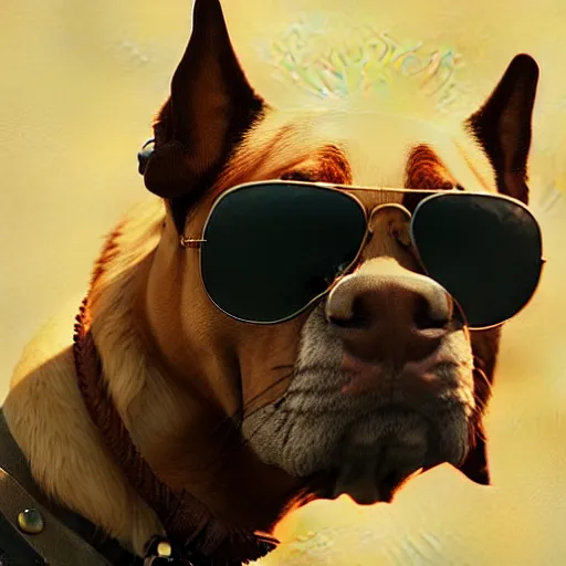 Prompt: a dog wearing aviator sunglasses by greg rutkowski, digital art, ultra realistic, ultra detailed, photorealistic, 4k, character concept