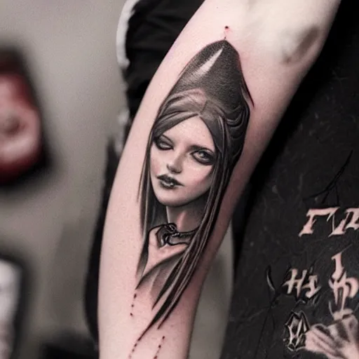 Image similar to female tattoo artist in gothic tattoo studio, greg rutkowski