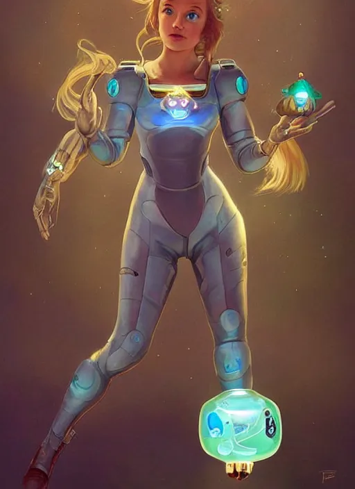 Image similar to beautiful space cottagecore, princess rosalina!!!, holding a small robot wearing a scifi jetsuit, intricate bioluminescent highly detailed, digital painting, artstation, concept art, smooth, sharp, focus, illustration, art by artgerm and ilya kushvikov and alphonse mucha