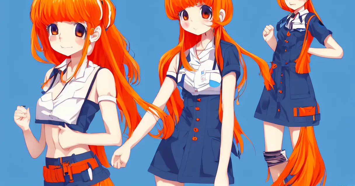 Image similar to very beautiful young anime girl with orange hair, dressed in soviet pioneer uniform, full body, long wavy blonde hair, sky blue eyes, full round face, bikini, miniskirt, front view, middle, highly detailed, colored manga drawing by wlop popular on artstation